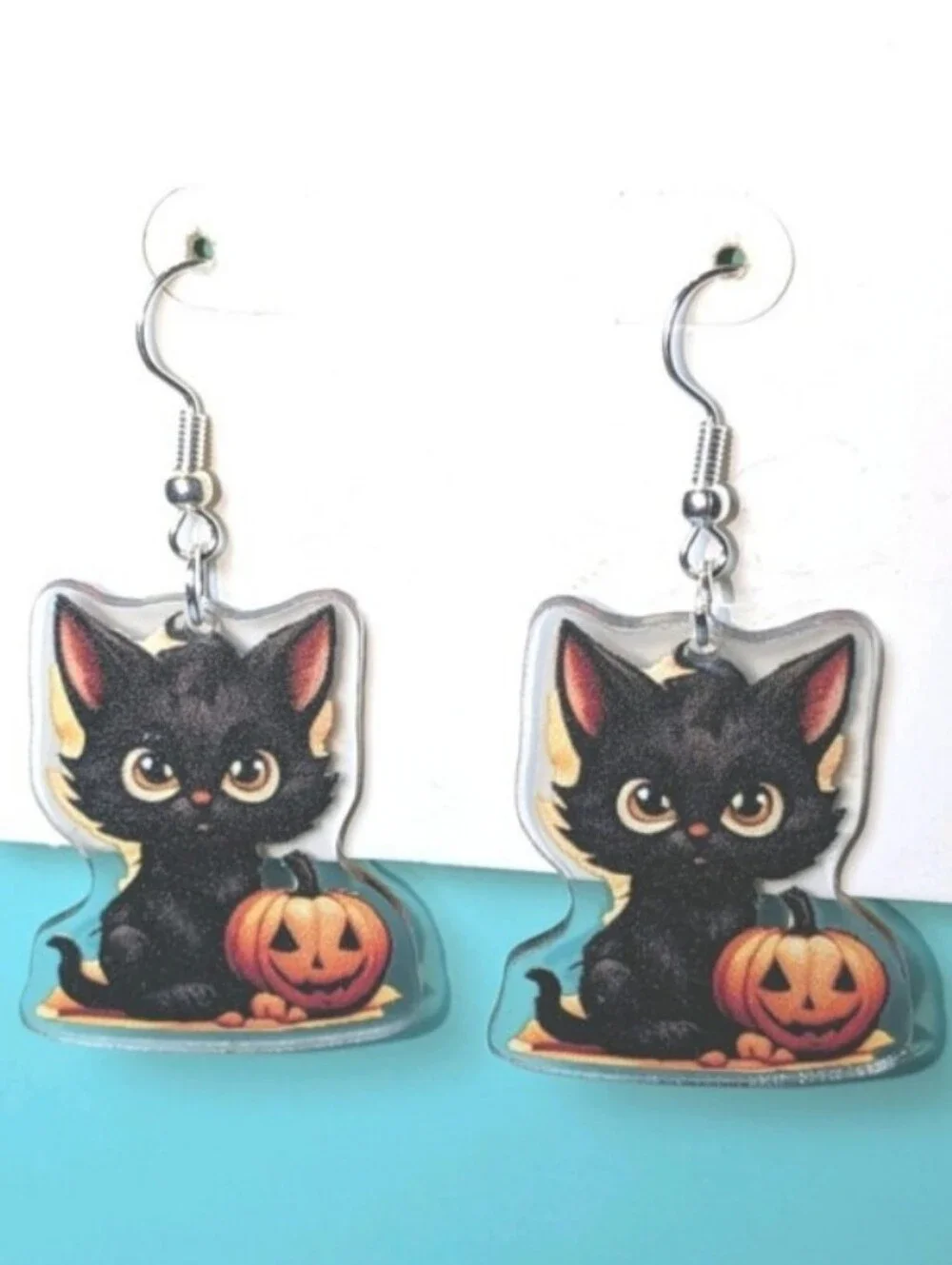 Halloween Black Cat and Pumpkin Dangle Earrings - Unbranded